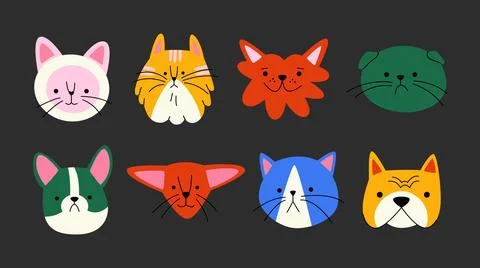 Cute pet faces with various expressions in comic style. 库存插图