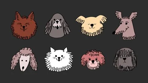 Cute pet faces with various expressions in comic style. Illustrazione stock