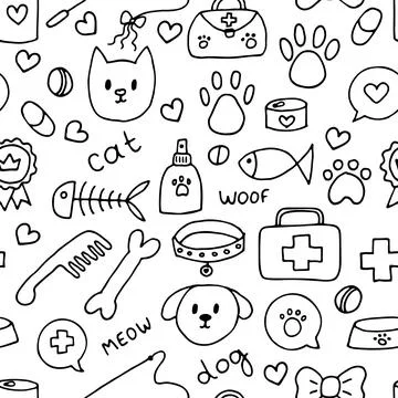 Cute pet seamless pattern. Hand drawn animal background for pet shop, store.. Illustrazione stock