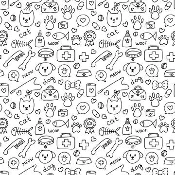 Cute pet seamless pattern. Hand drawn animal background for pet shop, store.. 스톡 일러스트