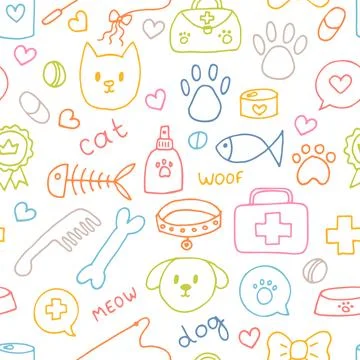 Cute pet seamless pattern. Hand drawn animal background for pet shop, store.. Illustrazione stock