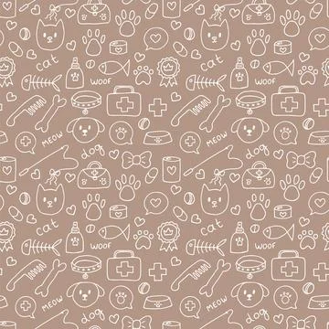 Cute pet seamless pattern. Hand drawn animal background for pet shop, store.. Illustrazione stock