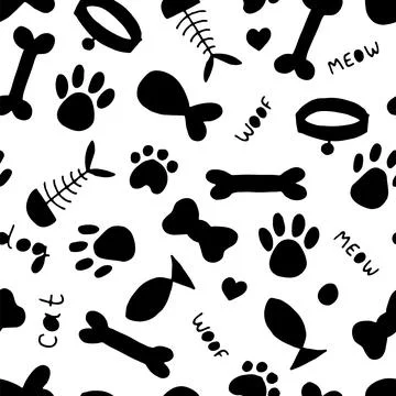 Cute pet seamless pattern. Hand drawn animal background for pet shop, store.. 스톡 일러스트