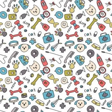 Cute pet seamless pattern. Hand drawn animal background for pet shop, store.. 스톡 일러스트