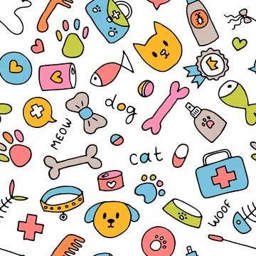 Cute pet seamless pattern. Hand drawn animal background for pet shop, store.. Stock Illustration