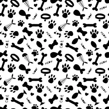 Cute pet seamless pattern. Hand drawn animal background for pet shop, store.. 스톡 일러스트