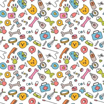 Cute pet seamless pattern. Hand drawn animal background for pet shop, store.. Illustrazione stock