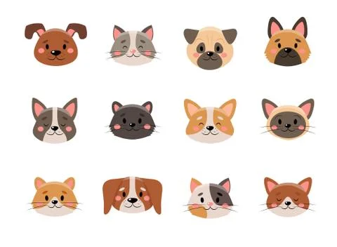 Cute pets face collection, isolated on white background Illustration