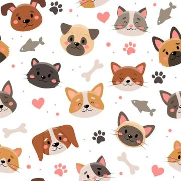 Cute pets pattern, different cats and dogs Illustration
