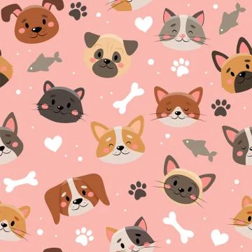 Cute pets pattern, different cats and dogs Ilustración de archivo