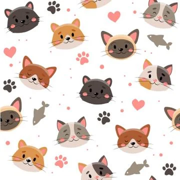 Cute pets pattern, different cats. illustration in flat style 库存插图