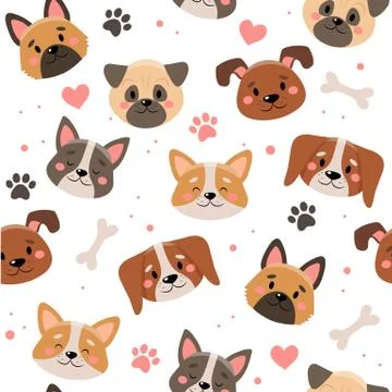 Cute pets seamless pattern with different dogs Illustration