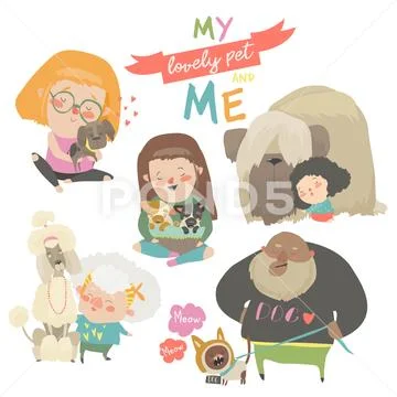 Cute pets with their owners. Funny cartoon dogs Stock Illustration