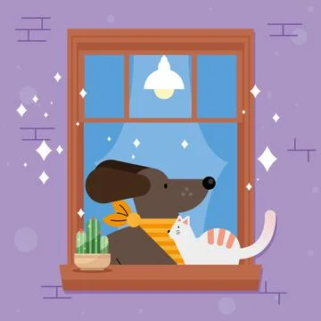 Cute pets in window Stock Illustration