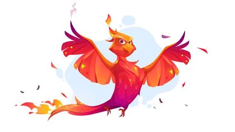 Cute phoenix character with fire on feathers Stock Illustration