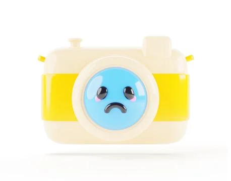Cute photo camera character with expression sad emotion. Cartoon 3d render icon 스톡 일러스트