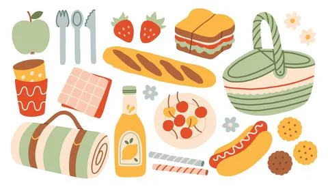 Cute picnic vector illustration set with basket, blanket, sandwich and food Stock Illustration