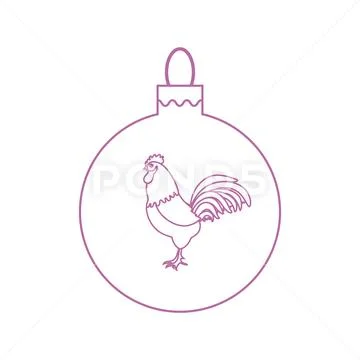 Cute picture with colour Christmas ball with rooster and snowfalls made in li Stock Illustration