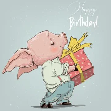 Cute pig boy with present box Stock Illustration