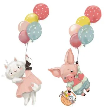 Cute pig boys fly with balloons and flowers Illustrazione stock