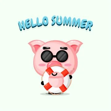 Cute pig carrying a float with summer greetings Stock Illustration
