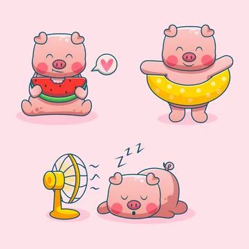 Cute pig cartoon set Stock Illustration