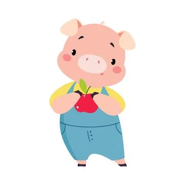 Cute Pig Character Stand with Apple Fruit Vector Illustration Stock Illustration