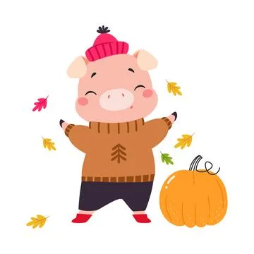 Cute Pig Character in Warm Hat and Sweater at Pumpkin Vector Illustration Stock Illustration
