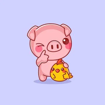 Cute pig with chicks gesturing showing thumbs up Stock Illustration
