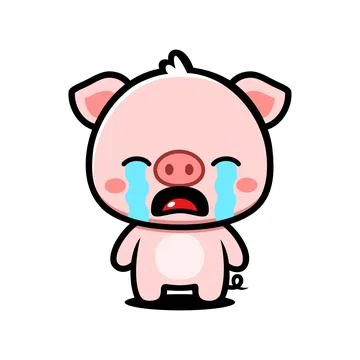 Cute Pig Crying Cartoon Character, Kawaii Sad Animal Mascot 스톡 일러스트