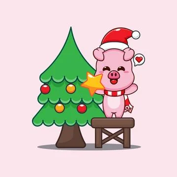 Cute pig decorating the Christmas tree on Christmas day. Stock Illustration