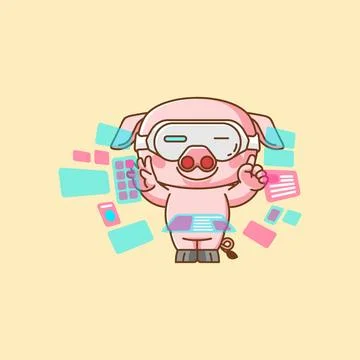 Cute pig interact virtual reality glasses vr kawaii chibi character mascot Stock Illustration