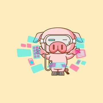 Cute pig interact virtual reality glasses vr kawaii chibi character mascot Stock Illustration