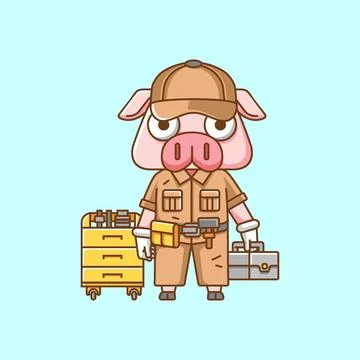 Cute pig mechanic with tool at workshop cartoon animal character mascot icon Illustrazione stock