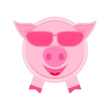 Cute pig in pink glasses. Vector cartoon illustration. Clipart and drawing. Stock Illustration