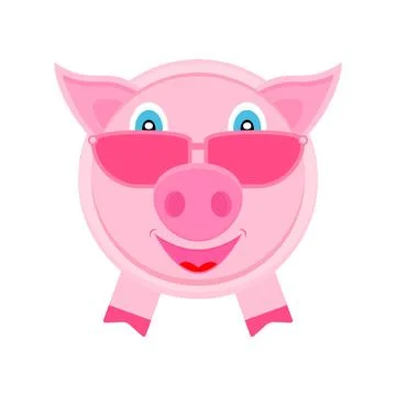 Cute pig in pink glasses. Vector cartoon illustration.  Illustrazione stock