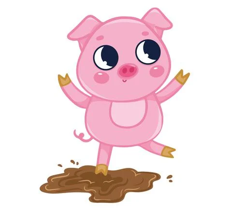A cute pig plays in the mud. Vector illustration with cute farm animals in ca Stockillustratie