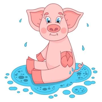 Cute pig in a puddle sits and smile on water Stock Illustration