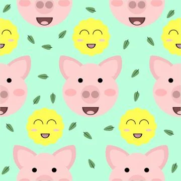 Cute pig seamless pattern with sun and leaves Illustrazione stock