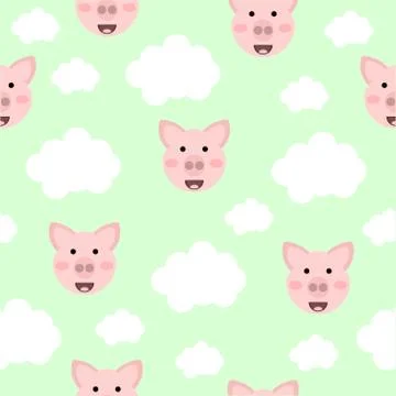Cute pig seamless pattern with white clouds Stock Illustration