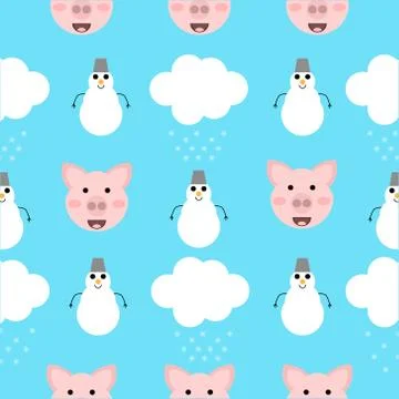 Cute pig seamless pattern with white clouds snowflake and snowman Stock Illustration
