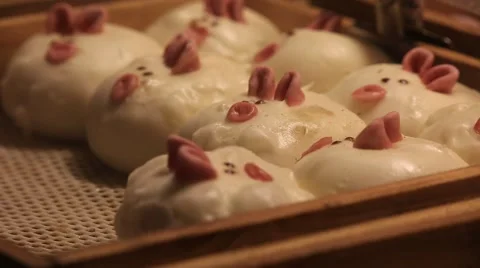 Cute pig shaped steamed dumpling Stock Footage 49293479