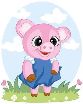 Cute pig on a spring green grass. Pig smiling. Cheerful pig. Illustrazione stock
