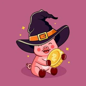 Cute Pig Wearing Witch Hat Holding Gold Coin Cartoon Vector Illustration Stock Illustration