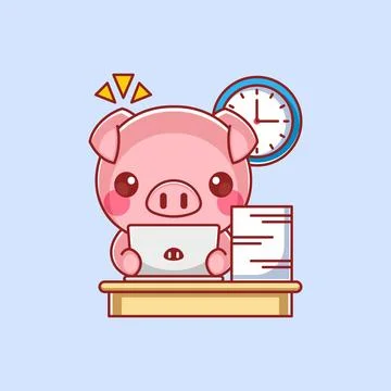 Cute pig working on laptop Stock Illustration