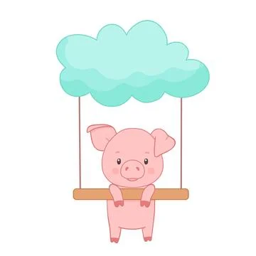 Cute piglet character on cloud. Hand drawn vector illustration isolated on white Illustrazione stock