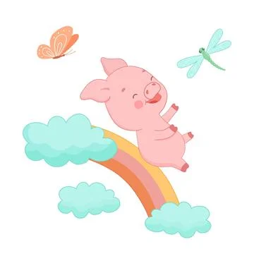 Cute piglet character on rainbow and dragonfly. Hand drawn vector illustration Stock Illustration