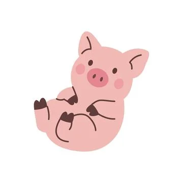 Cute piglet lying on back with smile. Adorable pink pig vector illustration for Stock Illustration