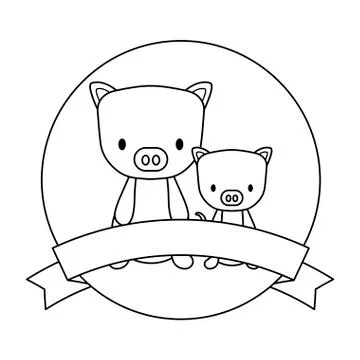 Cute pigs animals in frame circular with ribbon Illustrazione stock