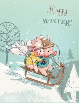 Cute pigs on sleigh Stock Illustration